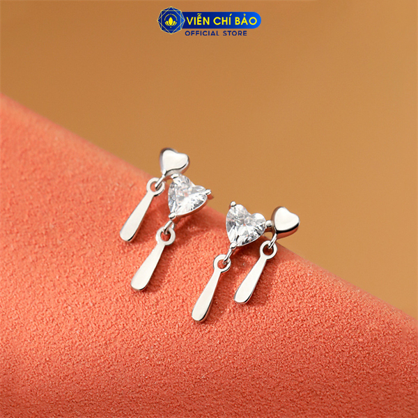 Bông tai bạc nữ tim đá cách điệu chất liệu bạc Ý 925 thời trang phụ kiện trang sức Viễn Chí Bảo B000327