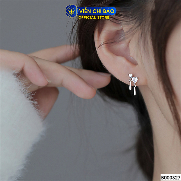 Bông tai bạc nữ tim đá cách điệu chất liệu bạc Ý 925 thời trang phụ kiện trang sức Viễn Chí Bảo B000327