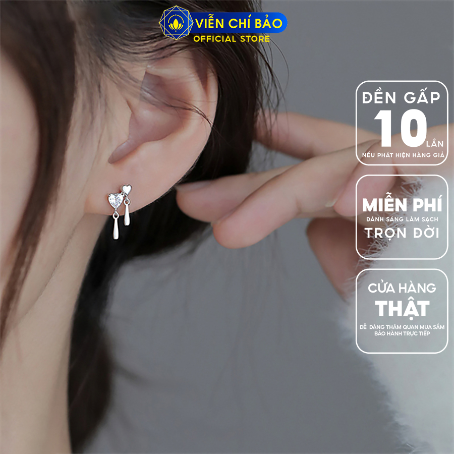 Bông tai bạc nữ tim đá cách điệu chất liệu bạc Ý 925 thời trang phụ kiện trang sức Viễn Chí Bảo B000327