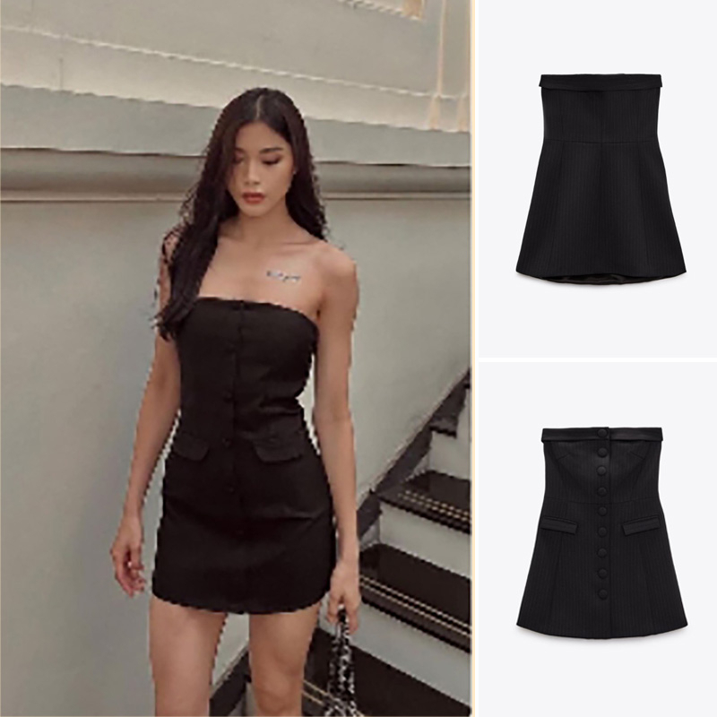 ĐẦM CÚP NGỰC NỮ MÀU XANH KẺ SỌC DÁNG NGẮN - 8723/601