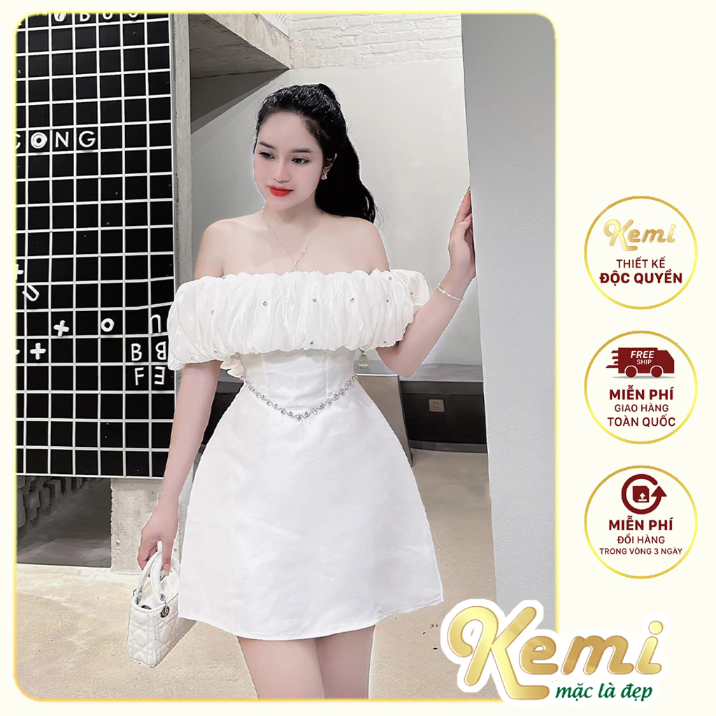Váy trắng trễ vai công chúa đính đá bèo tơ khâu eo dây pha lê đầm xòe bẹt vai chất Tafta cao cấp chuẩn form nữ Kemi
