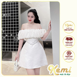 Váy trắng trễ vai công chúa đính đá bèo tơ khâu eo dây pha lê đầm xòe bẹt vai chất Tafta cao cấp chuẩn form nữ Kemi
