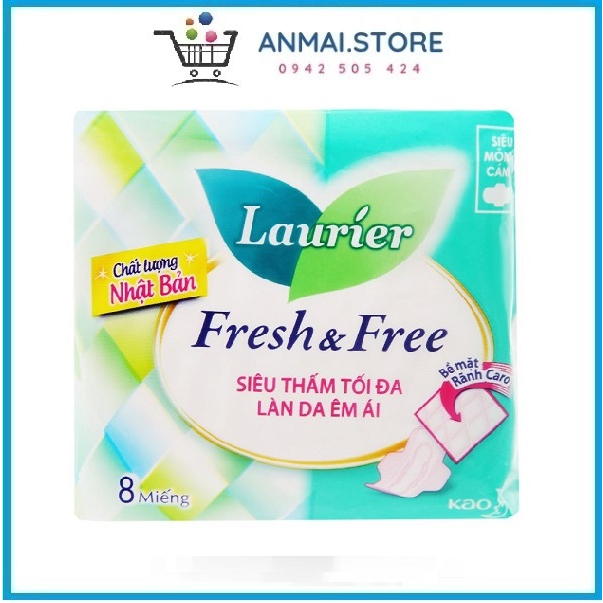 Băng vệ sinh Laurier Fresh and Free siêu thấm siêu mỏng cánh 8 miếng