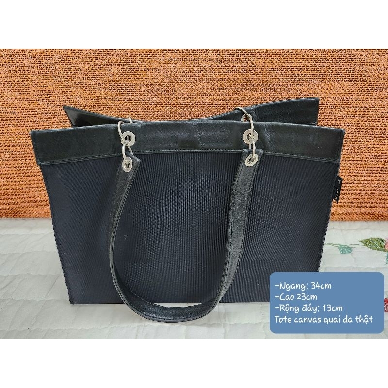 Túi tote canvas phối da thật hiệu Pháp Agnes B màu xanh đen kiểu đơn giản, thanh lý túi xách tay