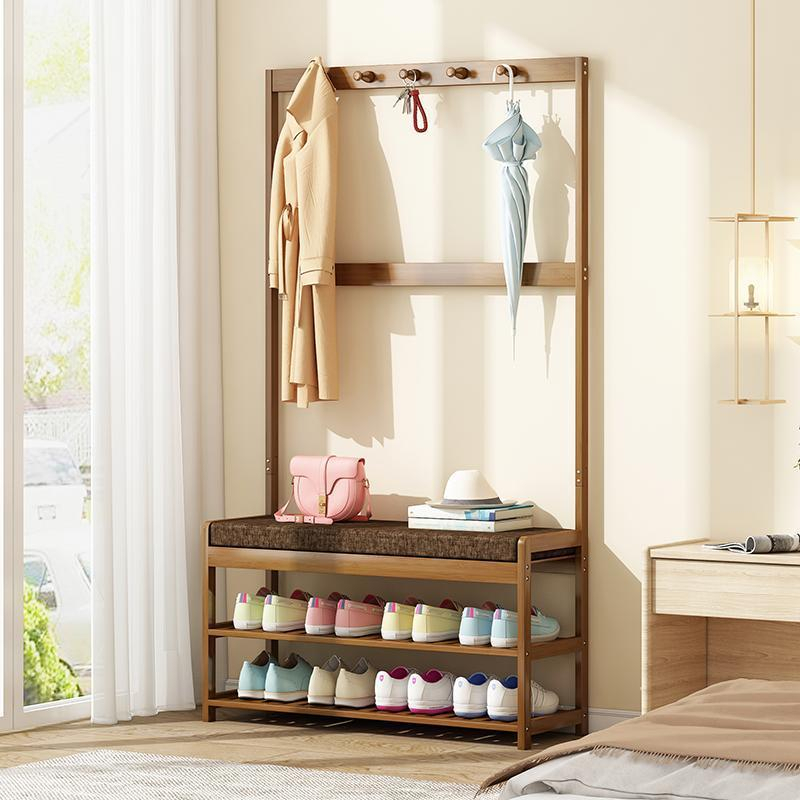 Tủ đựng giày dép kệ giày thông minh BM111 gỗ tre kèm đôn ngồi và móc treo đồ trang trí nhà cửa Boomer