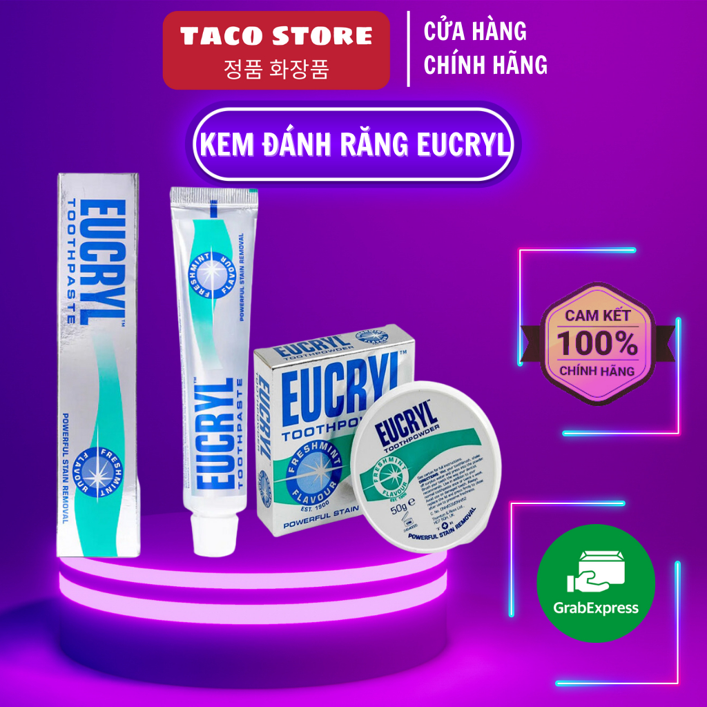 Kem Đánh Răng Eucryl 62g + Bột Tẩy Trắng Răng Eucryl Toothpaste Freshmint Hương Bạc Hà 50g Anh Quốc