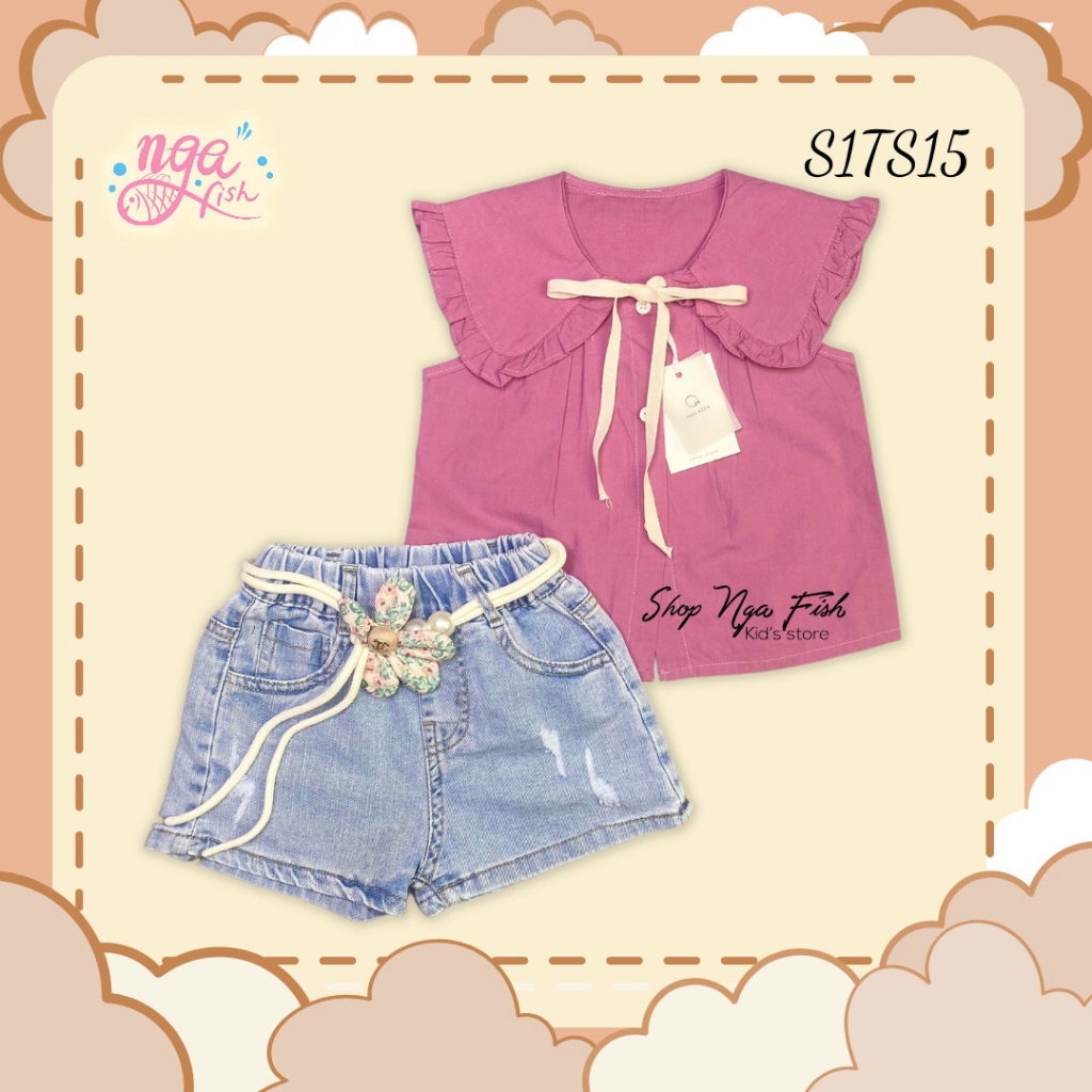 Áo cộc sát nách tím trơn cổ sen S1TS15 - Quần short jean rách 2 túi sau Q1R20