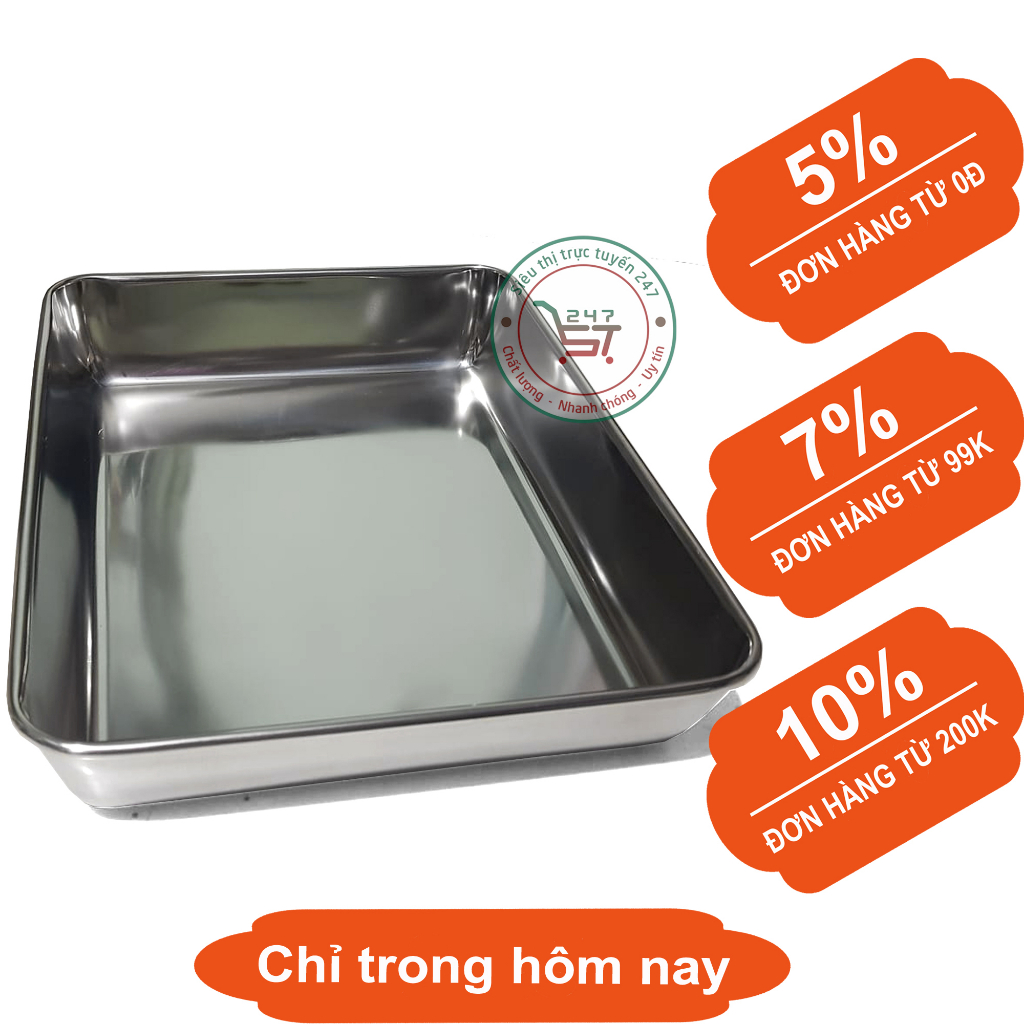 Khay inox sâu dày chữ nhật 304 đựng cơm bánh thức ăn dày dặn giá tốt