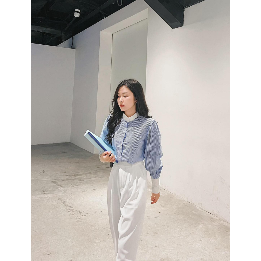 Áo Sơ Mi Cổ Trụ Tay Dài Công Sở Thanh Lịch Kẻ Sọc Xanh Dương