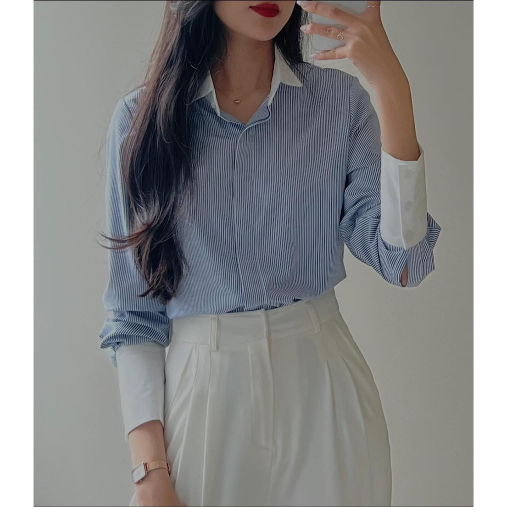 Áo Sơ Mi Tay Dài Tay Kẻ Sọc Tay Phối Công Sở Thanh Lich Màu Xanh Dương