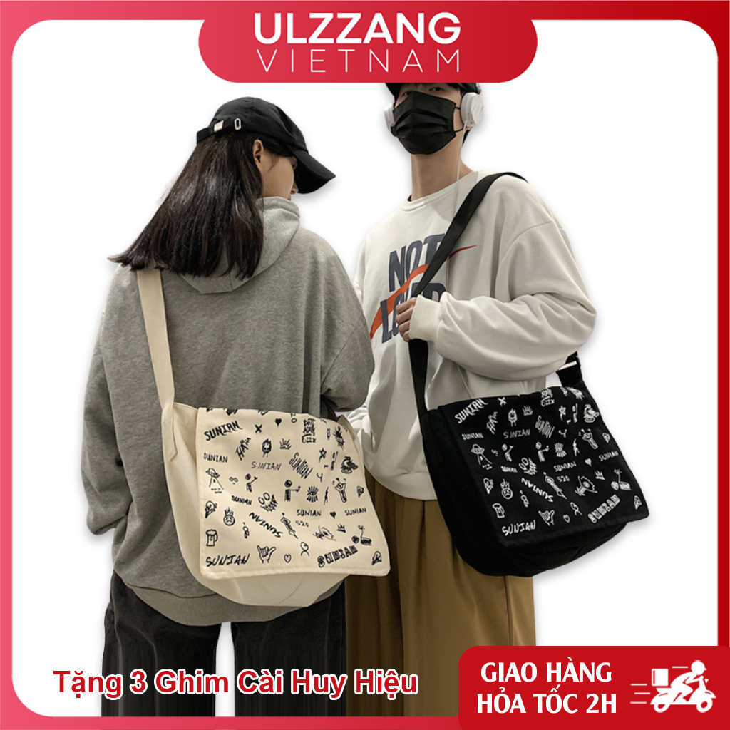 Túi đeo chéo, túi học thêm tote vải canvas nam nữ đi học đi chơi size to, túi xách unisex đeo vai vải bố ulzzang TTC