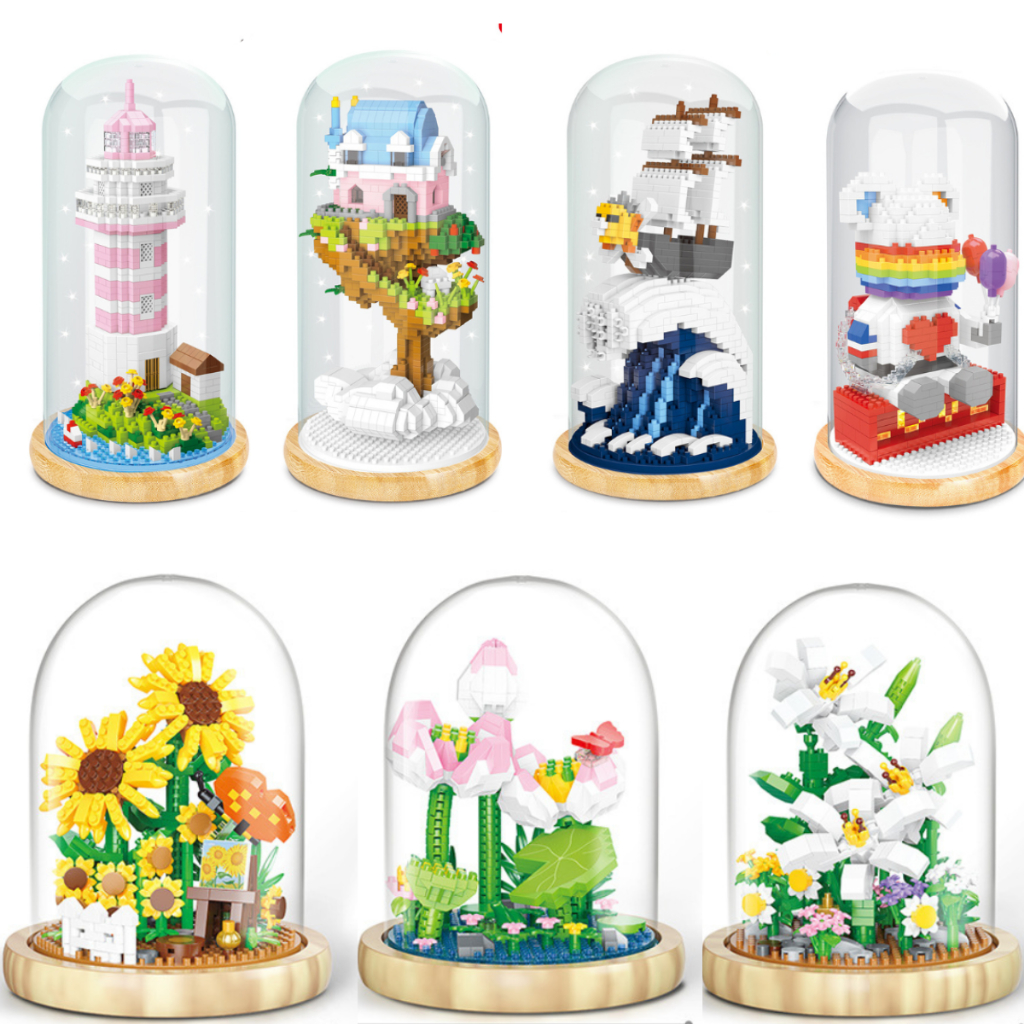 Mô hình lắp ráp 3D trang trí có lồng kính, đèn led thuyền sunny one piece, nhà trên mây, gấu bearbrick, ngọn hải đăng