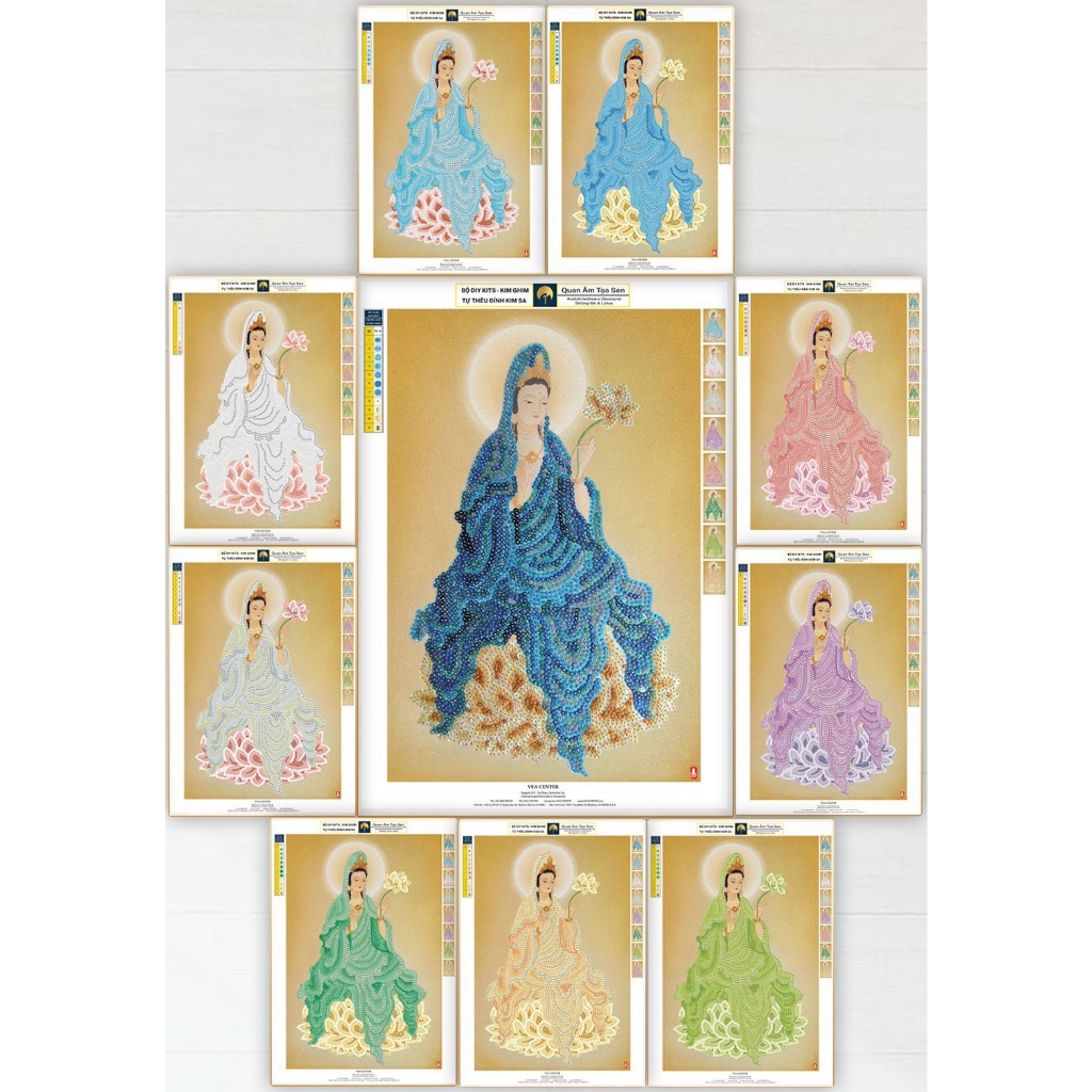 DIY Tranh Đính Kim Sa- Bộ Tự Thêu Ghim- 9 màu- Quan Âm Toạ Sen- 50x30cm