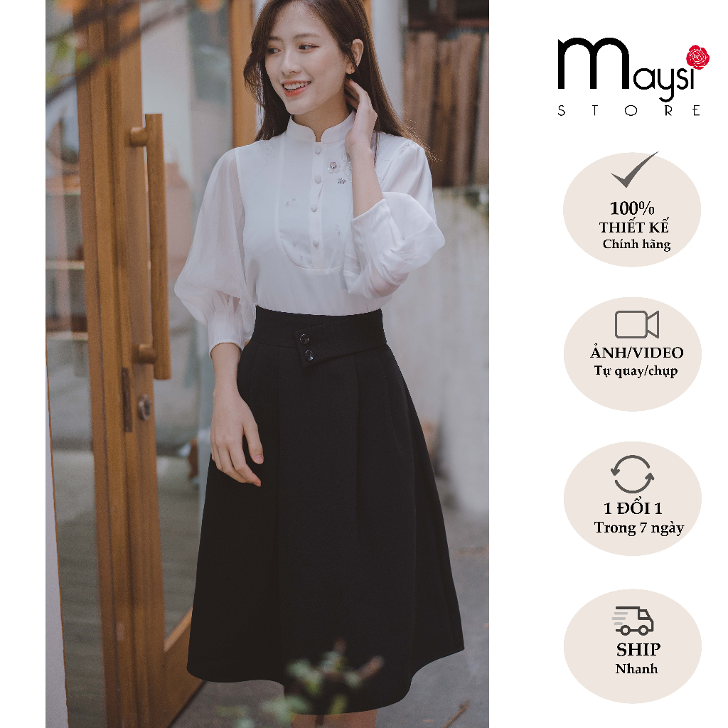 Chân váy thiết kế xòe xếp ly dáng dài - màu đen, nâu by Maysi