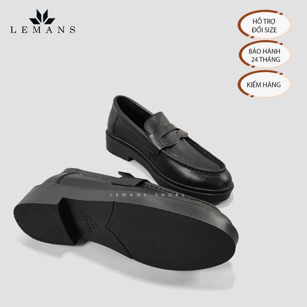 Giày da bò Penny Loafer Black LEMANS, giày lười công sở, da bò nguyên tấm, Bảo hành chính hãng 12-24 tháng