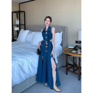 Đầm denim ngắn tay xẻ tà hở eo phong cách gợi cảm
