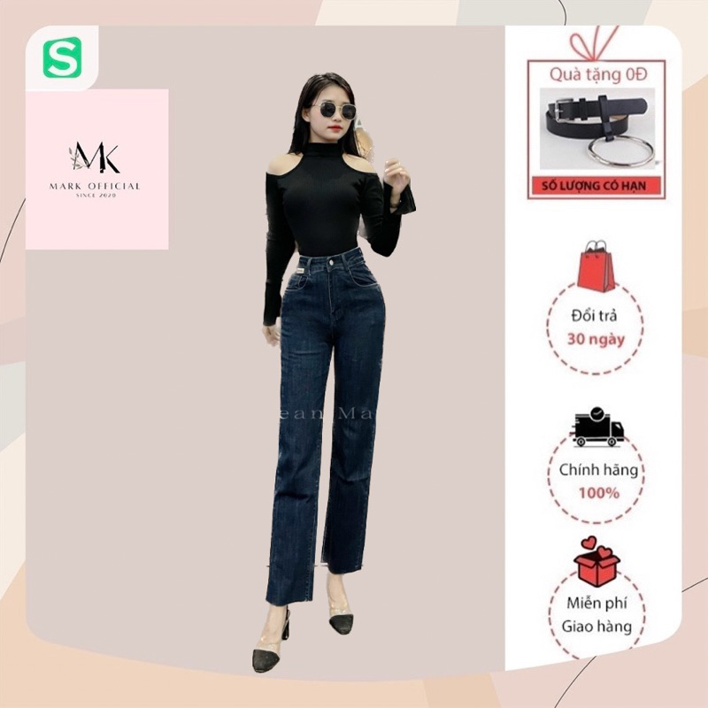 Quần jean nữ - quần bò nữ Mark Official ống đứng cạp cao trơn cắt gấu có logo ở bên túi trái kiểu cách giá tốt