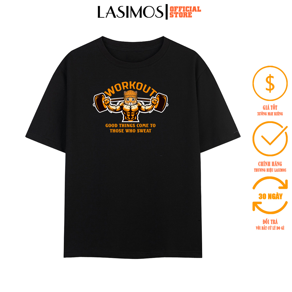 Áo thun nam Lasimos TS132 cổ tròn tay lỡ phom rộng in hình Workout thun poly, vải đẹp dày, thoáng mát không xù lông.