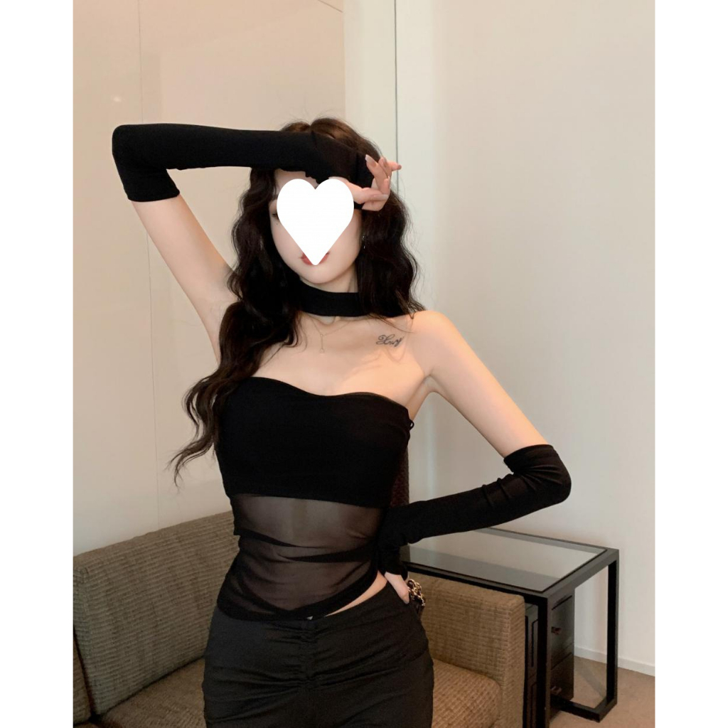 Áo ống croptop quây ngực Tay rời Phối vòng cổ Ôm body sexy Đi quẩy bar pub Áo quây ngực ống nữ Tay dài Hở lưng Sexy