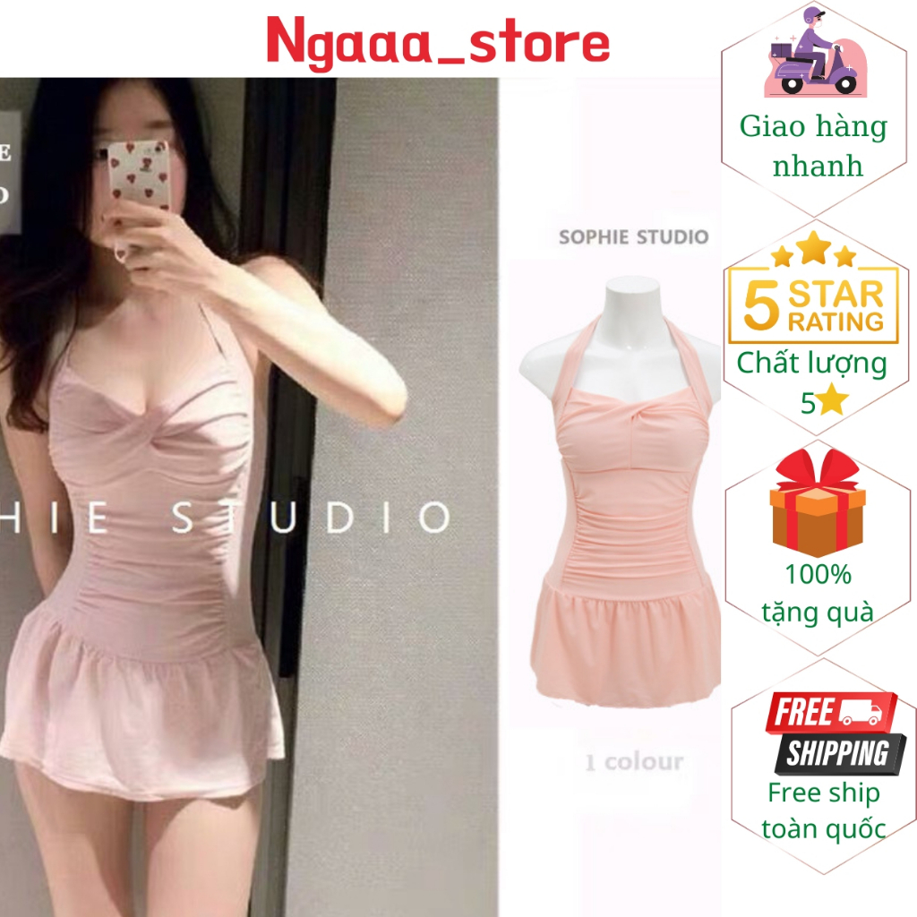 Bikini 1 mảnh đi biển kín đáo BK99150, Đồ bơi nữ liền thân cổ yếm chân váy phong cách hàn quốc trẻ trung, năng động