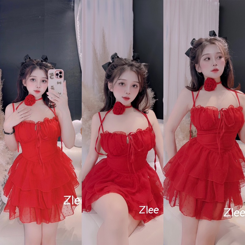 Váy tơ 2 dây cup ngực xoè tầng kèm chocker hoa (Ảnh thật)