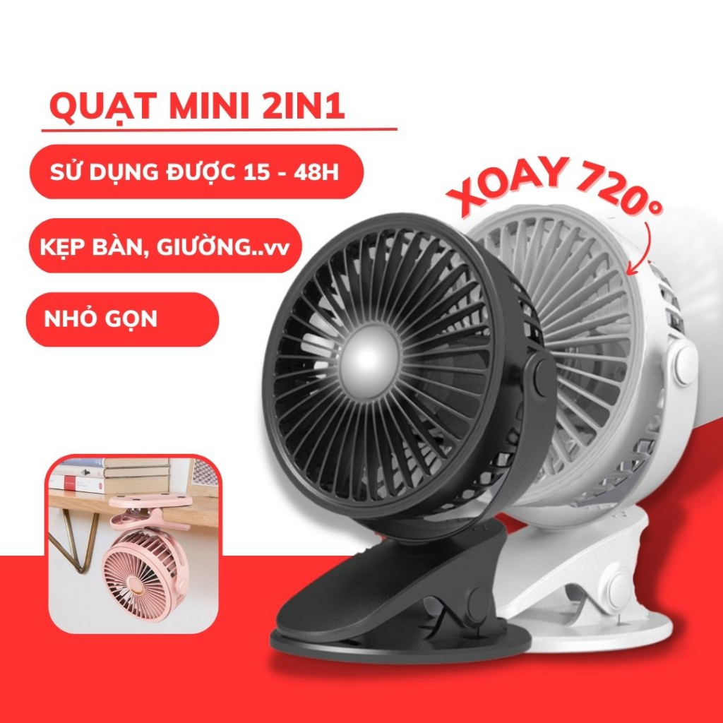Quạt Tích Điện Để Bàn Có Đèn YT-M2027, Sử Dụng Pin Sạc, Cắm Trực Tiếp Sạc Sử Dụng, Quạt Kẹp Bàn Chắc Chắn, Xoay 720 Độ