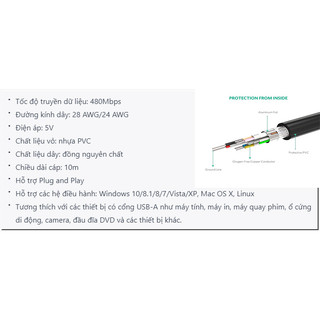 Cáp USB nối dài 2.0 dài 10m Ugreen mã 10321