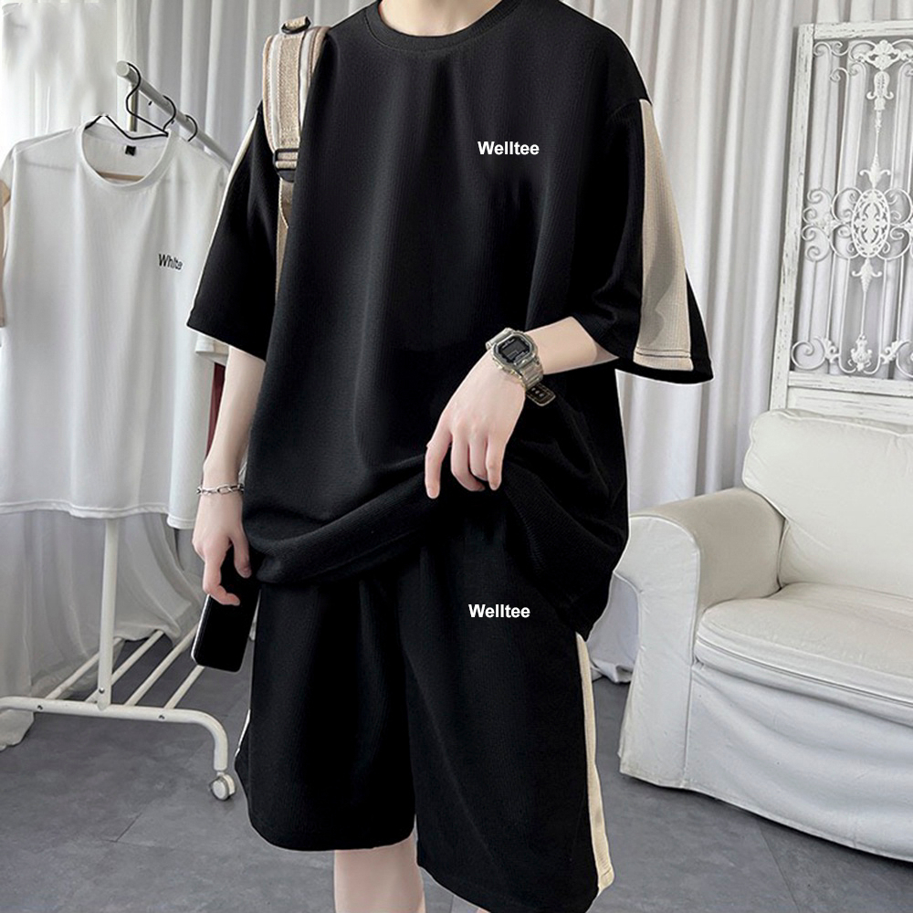 Bộ đồ hè thể thao nam vải tổ ong cao cấp, Set áo phông cộc tay và quần shorts đùi phối sọc - SET HE 002