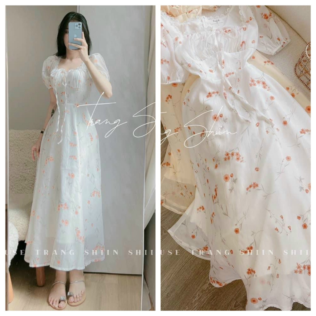 Đầm maxi nữ chất voan hoa cổ vuông tay phồng vintage ,dễ thương cho bạn nữ mặc đi chụp cảnh,dã ngoại