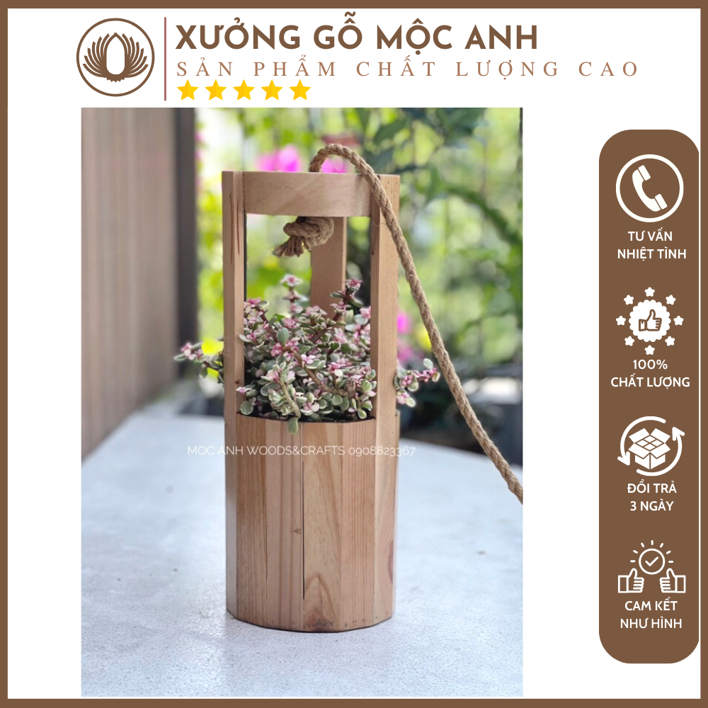 Chậu hoa, giỏ cắm hoa, chậu treo, chậu gỗ treo, gàu nước gỗ treo