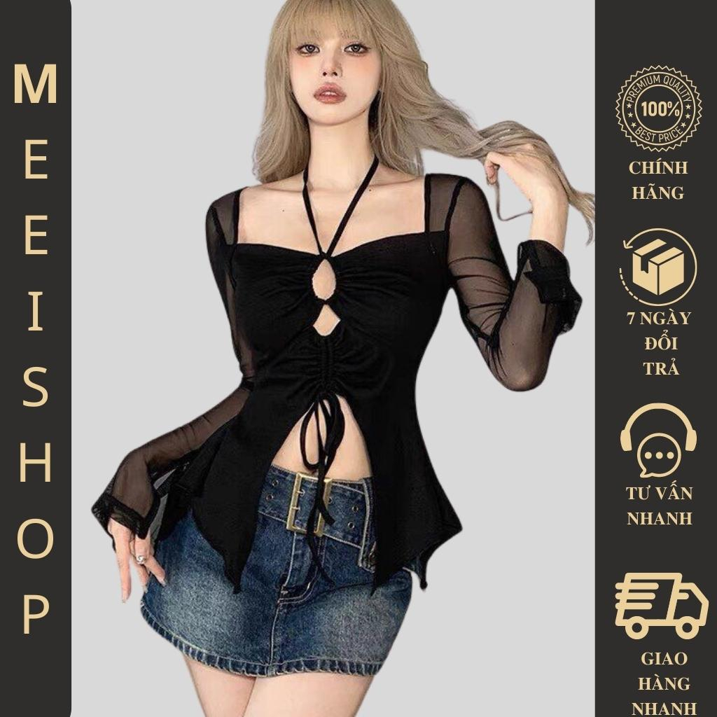 Áo thun body tay dài Meei Shop cột dây ở cổ khoắt eo, Áo kiểu nữ phong cách cá tính sexy -A42-