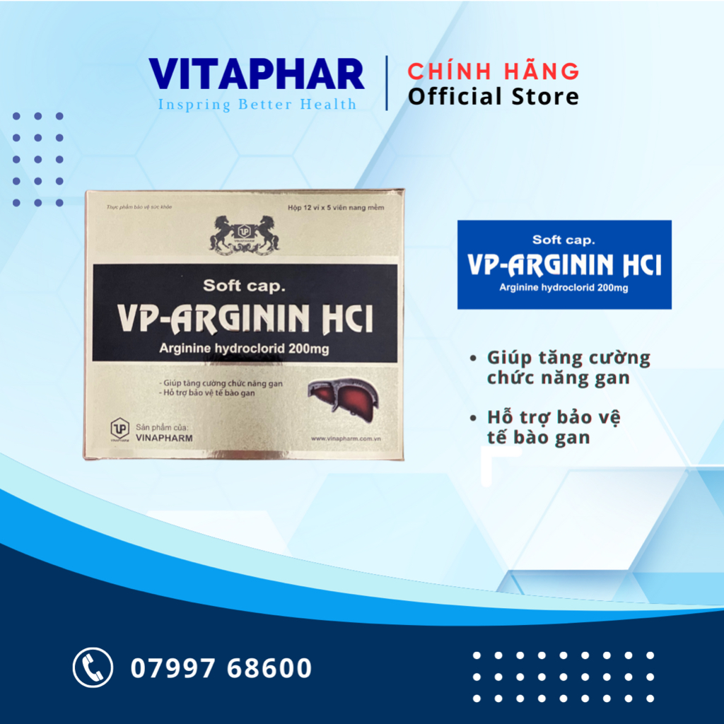 Thực phẩm bảo vệ sức khỏe VP-ARGININ HCL (Giúp tăng cường chức năng gan và bảo vệ tế bào gan) - Hộp 60 viên
