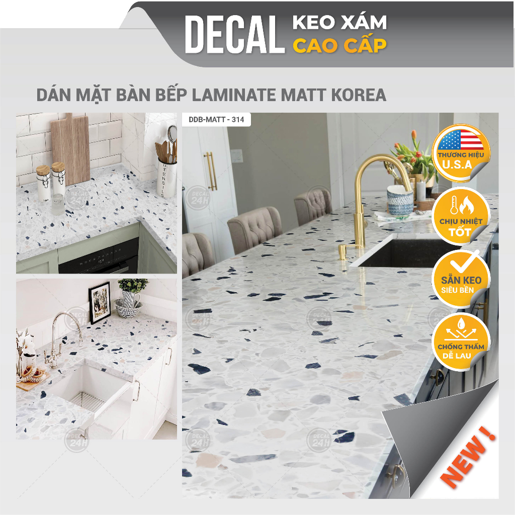 Miếng dán mặt bếp decal terrazzo Hàng Cao Cấp loại dày, chịu nhiệt tốt, decal khổ lớn dán mặt đá bếp Decal24h, DDB-314