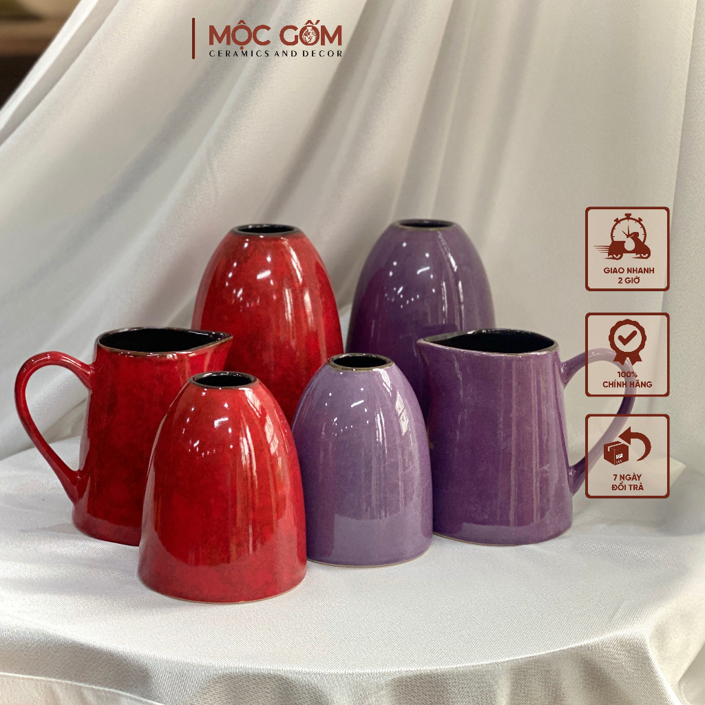 Bình gốm Bát Tràng cắm hoa dáng chuông basic size vừa men son đỏ trang trí phòng khách đẹp Mộc Gốm MG163