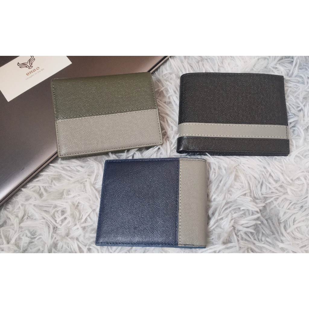 VÍ DA BÒ TAIGA ĐEN PHỐI SỌC XÁM , VÍ NGANG 9.5X12CM - THƯƠNG HIỆU UMBO