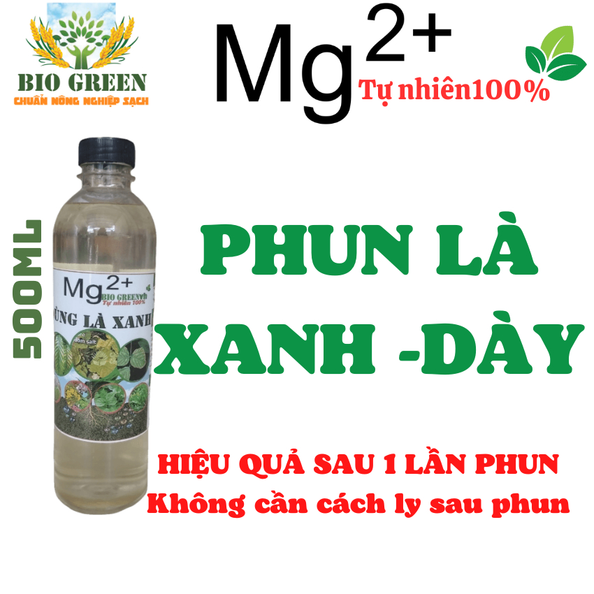 Phân bón vi lượng magie dạng nước biogreen giúp cây trồng lá xanh dày thân mập, giúp lá vàng thành xanh chai 500ml