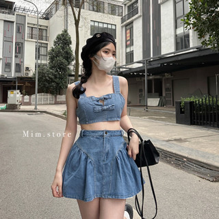 Set áo 2 dây chân váy đuôi cá jean xanh mài