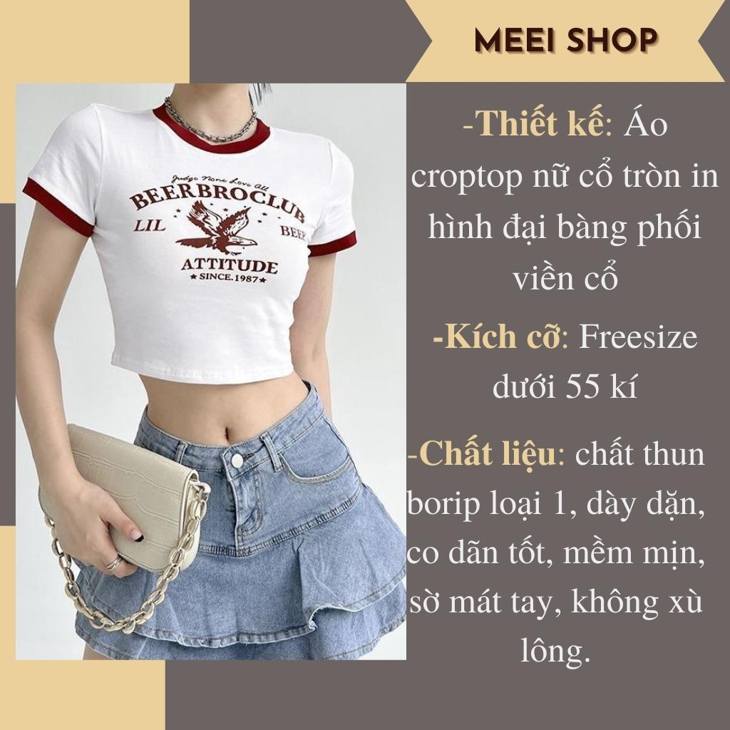 Áo croptop nữ MEEI SHOP ngắn tay cổ tròn in họa tiết hình kèm chữ phối viền, Áo kiểu nữ ôm body sexy borip mềm mịn -A6-