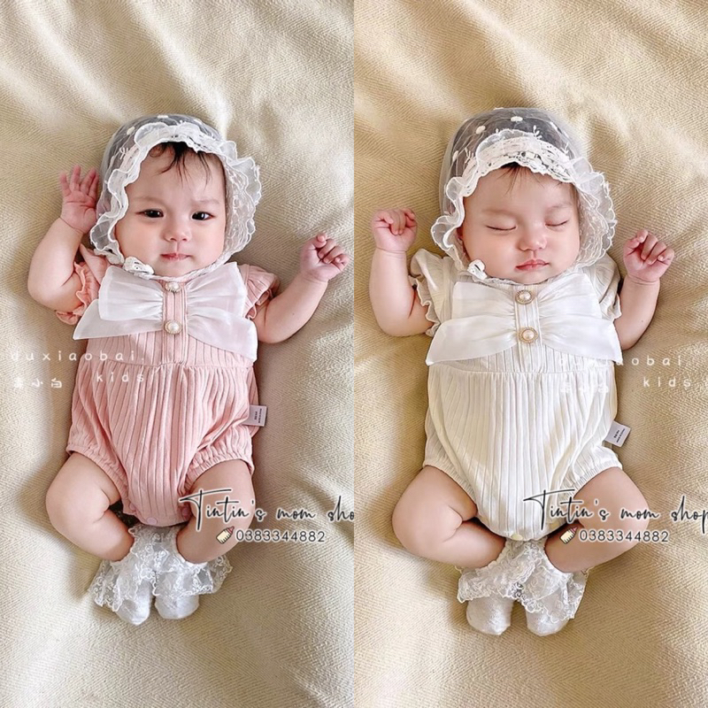 Bộ body chip tiểu thư len mềm nơ ngực cho bé đầy tháng/ thôi nôi