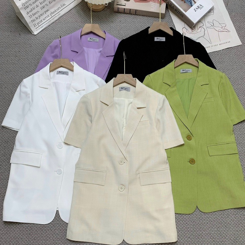 Áo blazer nữ áo vest ngắn tay khoác ngoài phong cách hàn quốc màu tím cốm đen trắng be 2 lớp hinhi bl1