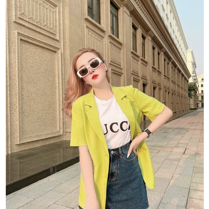 Áo blazer nữ áo vest ngắn tay khoác ngoài phong cách hàn quốc màu tím cốm đen trắng be 2 lớp hinhi bl1