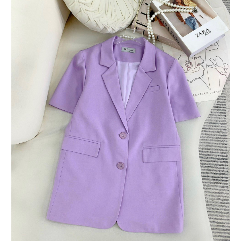 Áo blazer nữ áo vest ngắn tay khoác ngoài phong cách hàn quốc màu tím cốm đen trắng be 2 lớp hinhi bl1