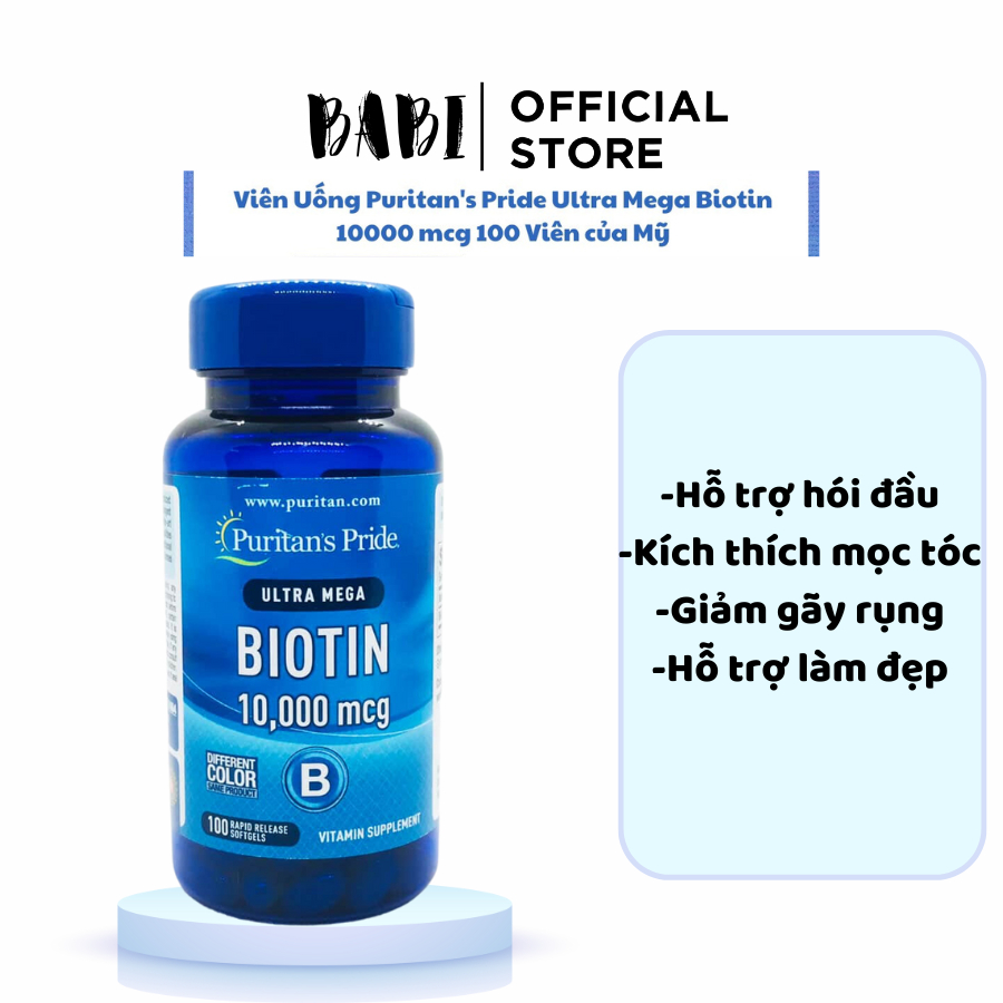 Viên Uống Mọc Tóc, Giảm Rụng Tóc Puritan's Pride Ultra Mega Biotin 10000 mcg 100 viên ( Hàng Mỹ có Bill)