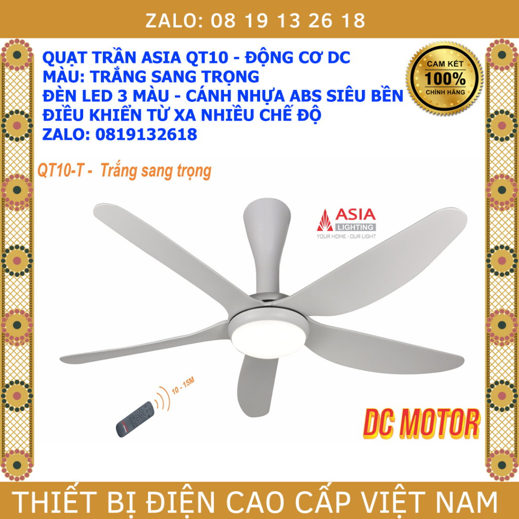 Quạt trần 5 cánh ASIA QT10 MÀU TRẮNG SANG TRỌNG, có đèn led, điều khiển từ xa, động cơ DC cao cấp