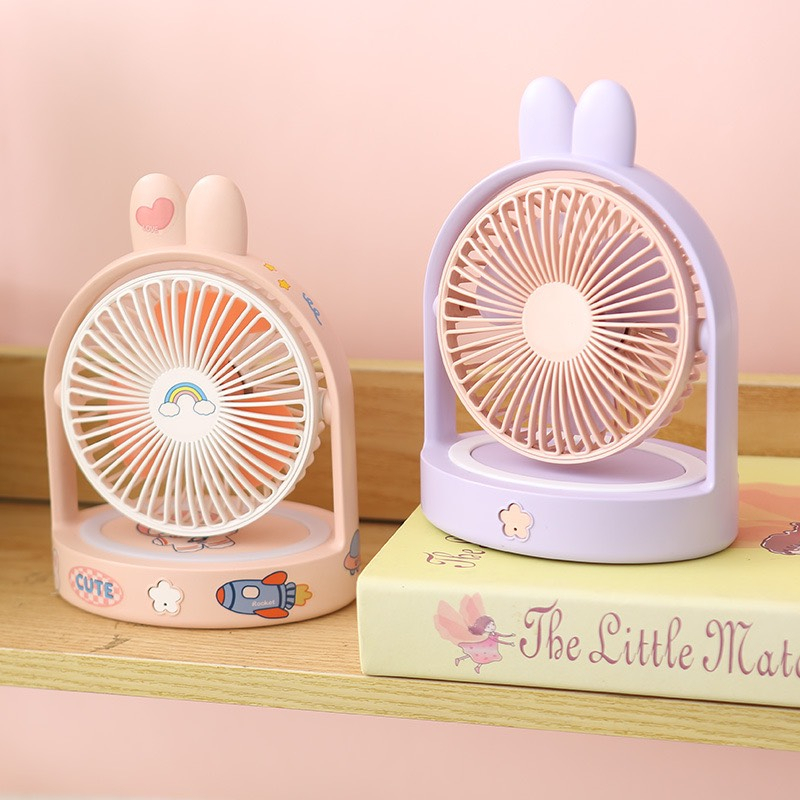 Quạt Mini Để Bàn Tai Thỏ Siêu Dễ Thương Có Tích Điện Xoay Linh Hoạt