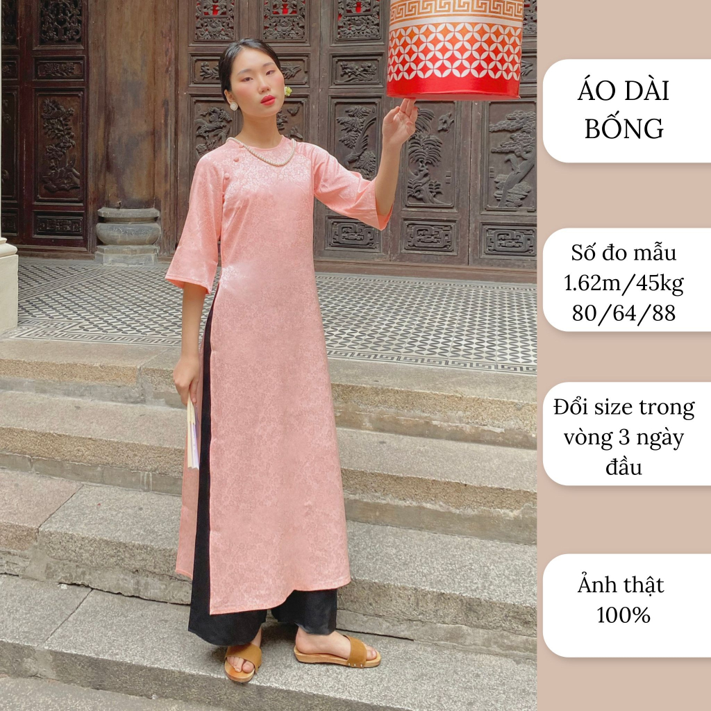 Áo dài xuông cổ tròn, chất liệu gấm hàn châu cao cấp kèm quần