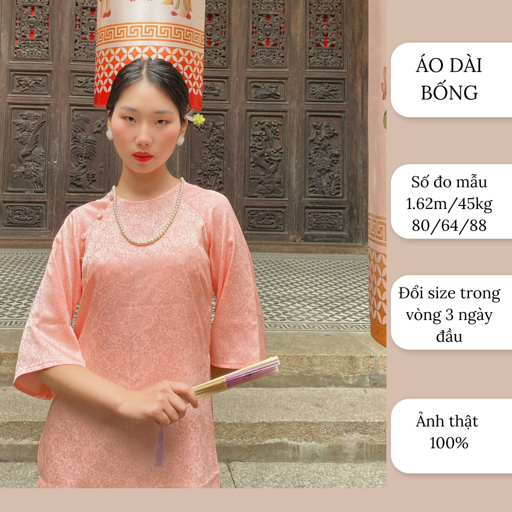 Áo dài xuông cổ tròn, chất liệu gấm hàn châu cao cấp kèm quần