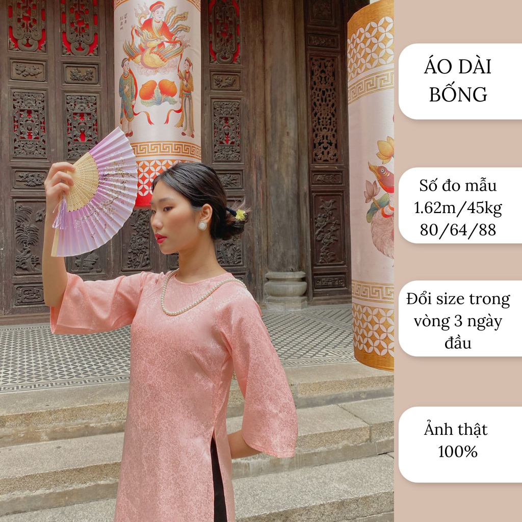 Áo dài xuông cổ tròn, chất liệu gấm hàn châu cao cấp kèm quần