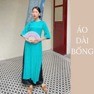Áo dài lụa gấm xuông kèm quần cổ tròn thiết kế