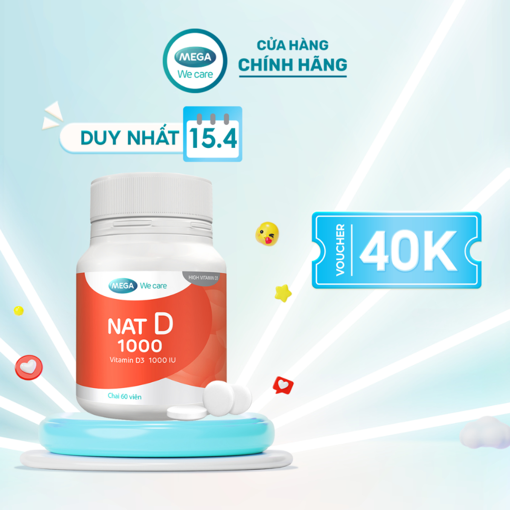 - NAT D 1000 Mega We Care Bổ Sung Vitamin D3 Tăng Cường Hấp Thu Canxi Cho Xương Chắc Khỏe (Chai 60 Viên)
